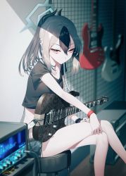 Rule 34 | 1girl, amplifier, black hair, black shirt, blew andwhite, blue archive, blurry, blurry background, crop top, demon horns, depth of field, earclip, electric guitar, guitar, hair between eyes, halo, highres, horns, instrument, kayoko (blue archive), long hair, looking at viewer, multicolored hair, ponytail, red eyes, shirt, sitting, solo, two-tone hair, white hair, wristband