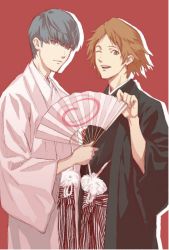 Rule 34 | 2boys, atlus, bad id, bad pixiv id, brown eyes, brown hair, folding fan, grey eyes, grey hair, hakama, hakama skirt, hanamura yousuke, hand fan, haori, japanese clothes, kimono, mc (k0111s), multiple boys, narukami yuu, one eye closed, persona, persona 4, shin megami tensei, short hair, skirt, smile, wink