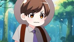 Rule 34 | 1boy, backpack, bag, blush, brown eyes, brown hair, child, closed mouth, collared shirt, creatures (company), day, florian (pokemon), forest, game freak, grapeanime, grey hat, grey shirt, hat, highres, male focus, matching hair/eyes, nature, necktie, nintendo, outdoors, pokemon, pokemon sv, purple necktie, shirt, short hair, short sleeves, solo, tree, upper body, v-shaped eyebrows, wavy mouth
