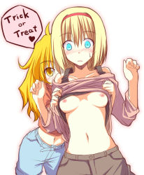 Rule 34 | 2girls, alice margatroid, assisted exposure, bare shoulders, blue eyes, blush, breasts, camisole, casual, clothes lift, collarbone, face, female focus, hairband, kirisame marisa, long hair, midriff, multiple girls, navel, nipples, nirap, open mouth, pants, shirt, shirt lift, short hair, small breasts, smile, surprised, surprised arms, sweatdrop, touhou, trick or treat
