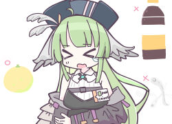 Rule 34 | &gt; &lt;, 1girl, arknights, bare shoulders, belt, black dress, black headwear, blunt bangs, blunt ends, bottle, breasts, chibi, detached sleeves, dress, drink, feather hair, feathers, food, fruit, green hair, hand on own arm, hat feather, high belt, highres, keirono, medium breasts, name tag, open mouth, orange (fruit), poncirus (arknights), sidelocks, solo, teardrop, white background, white feathers
