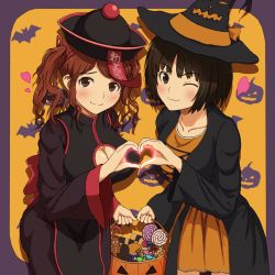 Rule 34 | 2girls, alternate costume, amagami, black hair, blush, bob cut, breasts, brown eyes, brown hair, candy, cleavage cutout, clothing cutout, food, halloween, hat, heart, heart hands, highres, long sleeves, looking at viewer, multiple girls, nakata sae, nervous, one eye closed, ranmaru (jackpot 1123), short hair, smile, tachibana miya, twintails, witch, witch hat