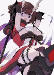 Rule 34 | + +, 1girl, armor, arms up, black bra, black panties, bra, breasts, bridal garter, broken horn, brown hair, capelet, detached sleeves, eriko (princess connect!), fur-trimmed capelet, fur trim, grey background, holding, holding weapon, horns, large breasts, monaka ooji, open mouth, panties, pantyshot, princess connect!, purple eyes, shaded face, short hair, simple background, solo, spiked tail, spikes, tail, underwear, weapon
