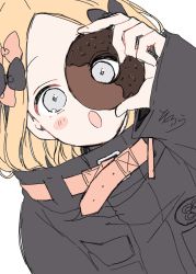 Rule 34 | 1girl, abigail williams (fate), abigail williams (traveling outfit) (fate), arm up, black bow, black jacket, blonde hair, blue eyes, blush stickers, bow, doughnut, dutch angle, fate/grand order, fate (series), food, forehead, hair bow, heroic spirit traveling outfit, highres, holding, holding food, jacket, long hair, long sleeves, multiple hair bows, official alternate costume, open mouth, orange bow, parted bangs, simple background, sleeves past wrists, sofra, solo, white background