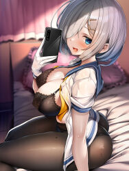 Rule 34 | 1girl, :d, absurdres, arm support, ass, bed, bedroom, black bra, black panties, black pantyhose, blue eyes, blue sailor collar, blurry, blurry background, blush, bra, breasts, cellphone, cleavage, commentary request, gloves, grey hair, hair over one eye, hamakaze (kancolle), highres, holding, holding phone, indoors, kantai collection, lace, lace-trimmed bra, lace trim, large breasts, long hair, looking at viewer, on bed, open clothes, open mouth, open shirt, panties, panties under pantyhose, pantyhose, phone, sailor collar, school uniform, serafuku, shirt, short hair, short sleeves, sitting, smartphone, smile, solo, sony, torisan, underwear, white gloves, white serafuku, white shirt
