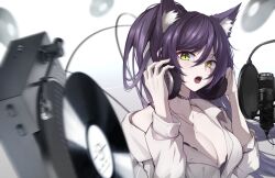 Rule 34 | 1girl, absurdres, animal ear fluff, animal ears, black bra, black choker, black hair, bra, breasts, character name, chinese commentary, choker, collared shirt, commentary request, dress shirt, fox ears, fox girl, hair between eyes, headphones, highres, holding, holding headphones, jewelry, large breasts, long hair, long sleeves, looking at viewer, meridian project, microphone, mole, mole on breast, music, necklace, off shoulder, open clothes, open mouth, open shirt, phonograph, ponytail, record, seki (vtuber), shirt, singing, solo, tokyo (1421), turntable, underwear, upper body, very long hair, virtual youtuber, white shirt, wing collar, yellow eyes