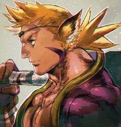 Rule 34 | 1boy, animal ears, blonde hair, blue eyes, breath of fire, breath of fire iv, closed mouth, cray (breath of fire), facial mark, fingerless gloves, gloves, highres, male focus, muscular, muscular male, simple background, solo, weapon, yohane shimizu