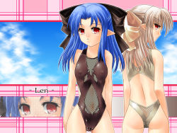 Rule 34 | 00s, 2girls, ass, ayato, blue hair, cameltoe, casual one-piece swimsuit, covered erect nipples, flat chest, half updo, len (tsukihime), melty blood, multiple girls, one-piece swimsuit, pointy ears, red eyes, swimsuit, tsukihime, type-moon, wallpaper, white hair, white len (tsukihime)