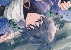 Rule 34 | 1boy, absurdres, black hair, blue eyes, blue flower, blue rose, closed mouth, eyeshadow, flower, genshin impact, highres, looking at viewer, lying, makeup, male focus, mnce o, on back, purple flower, purple rose, red eyeshadow, rose, scaramouche (genshin impact), solo, upper body, upside-down, wanderer (genshin impact)