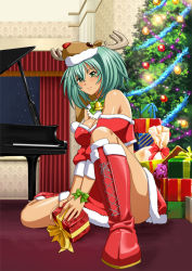 Rule 34 | 1girl, bare legs, bare shoulders, bell, blush, boots, box, breasts, christmas, christmas ornaments, christmas tree, cleavage, collar, cross-laced footwear, curtains, curvy, dark-skinned female, dark skin, detached collar, dress, female focus, fur-trimmed boots, fur-trimmed footwear, fur-trimmed headwear, fur-trimmed skirt, fur trim, gift, gift bag, gift box, grand piano, green hair, ikkitousen, indoors, instrument, lace-up boots, large breasts, long hair, looking at viewer, matching hair/eyes, midriff, miniskirt, neck bell, neck ribbon, on floor, on one knee, piano, red footwear, red skirt, reindeer hat, ribbon, ryofu housen, santa costume, sitting, skirt, smile, solo, strapless, tagme, twintails, wallpaper (object)