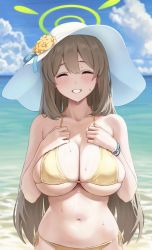 Rule 34 | 1girl, ^ ^, ^o^, absurdres, bare arms, bare shoulders, bead bracelet, beads, bikini, blue archive, blue sky, blush, bracelet, breasts, brown hair, chagama teishoku, cleavage, closed eyes, cloud, commentary, day, dot nose, facing viewer, flower, grin, halo, halterneck, hands on own chest, hands up, hat, hat flower, highres, jewelry, large breasts, long hair, navel, nonomi (blue archive), nonomi (swimsuit) (blue archive), ocean, outdoors, side-tie bikini bottom, sidelocks, skindentation, sky, smile, solo, stomach, string bikini, sun hat, swimsuit, symbol-only commentary, upper body, wet, white hat, yellow bikini