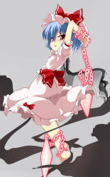 Rule 34 | 1girl, barefoot, bat wings, blue hair, chain, female focus, grey background, hat, mamo williams, red eyes, remilia scarlet, short hair, solo, touhou, wings