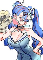 Rule 34 | 1girl, ahoge, alternate costume, aqua ribbon, blue dress, blue hair, breasts, cleavage, covered mouth, criss-cross halter, curled horns, dinosaur girl, dress, hair ribbon, halterneck, horns, large breasts, long hair, mask, mouth mask, multicolored hair, one piece, pink eyes, pink hair, pink mask, raine (acke2445), ribbon, sketch, solo, streaked hair, talons, twintails, ulti (one piece)