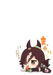 Rule 34 | 1girl, animal ears, black footwear, black jacket, black shorts, blush, boots, brown eyes, brown hair, carrot, chibi, food in mouth, highres, horse ears, horse girl, horse tail, jacket, knee boots, long sleeves, lying, mouth hold, multicolored hair, muuran, on stomach, shadow, shorts, solo, tail, translation request, two-tone hair, umamusume, vodka (umamusume), white hair
