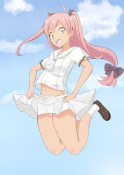 Rule 34 | 1girl, ahoge, blue sky, character request, cloud, day, fangs, flat chest, jumping, long hair, low-tied long hair, mai ball!, navel, nitou inko, open mouth, panties, pantyshot, pink hair, pleated skirt, school uniform, serafuku, skirt, sky, socks, solo, striped clothes, striped panties, two side up, underwear