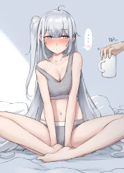Rule 34 | ..., 1girl, 1other, absurdres, barefoot, bed sheet, blush, breasts, cleavage, closed mouth, collarbone, cup, fuyutsuki (kancolle), grey eyes, grey hair, grey panties, grey sports bra, highres, kantai collection, kiritto, large breasts, long hair, navel, one side up, panties, pillow, sitting, solo focus, spoken ellipsis, sports bra, tissue, tissue box, two-tone sports bra, underwear, used tissue