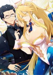 Rule 34 | 1boy, 1girl, agravain (fate), ahoge, animal ears, artoria pendragon (all), artoria pendragon (fate), artoria pendragon (swimsuit ruler) (fate), bare shoulders, black eyes, black hair, black vest, blonde hair, blue neckwear, blue pantyhose, bow, bowtie, braid, breasts, card, cleavage, clothing cutout, constricted pupils, detached collar, fake animal ears, fate/grand order, fate (series), feather boa, fishnet pantyhose, fishnets, formal, french braid, green eyes, hair between eyes, headset, highleg, highleg leotard, highres, large breasts, leotard, long hair, looking at viewer, navel, navel cutout, nogi (acclima), open mouth, pantyhose, playboy bunny, poker chip, poker table, ponytail, rabbit ears, short hair, sidelocks, suit, table, thighs, tiara, vest, white leotard, wrist cuffs
