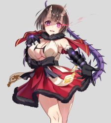 Rule 34 | + +, 1girl, bare shoulders, bow, breasts, broken horn, brown hair, capelet, cleavage, demon girl, demon horns, elbow gloves, eriko (princess connect!), fur-trimmed capelet, fur-trimmed skirt, fur trim, gloves, glowing, glowing eye, grey background, hifumi chiyoko, highres, horns, large breasts, outstretched hand, princess connect!, purple eyes, red capelet, red skirt, shaded face, short hair, simple background, skirt, solo, spiked tail, tail, waist bow, white background