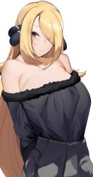 Rule 34 | 1girl, arms behind back, bare shoulders, black shirt, blonde hair, breasts, creatures (company), cynthia (pokemon), game freak, hair ornament, hair over one eye, highres, long hair, looking at viewer, nintendo, off-shoulder shirt, off shoulder, pokemon, pokemon dppt, shirt, simple background, solo, very long hair, white background, yellow eyes, yuuyuu (yuuki1771)