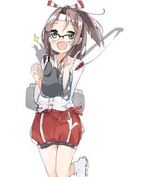Rule 34 | 10s, 1girl, bad id, bad pixiv id, bespectacled, bow (weapon), glasses, green eyes, hachimaki, headband, high ponytail, japanese clothes, kanisaka shizuku, kantai collection, light brown hair, long hair, looking at viewer, ponytail, solo, standing, standing on one leg, wavy mouth, weapon, zuihou (kancolle)