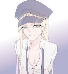 Rule 34 | 1girl, blonde hair, breasts, cleavage, collarbone, girls&#039; frontline, green eyes, hair between eyes, hat, highres, leaning forward, long hair, looking at viewer, military hat, necktie, open clothes, open shirt, shirt, simple background, small breasts, smile, solo, stg44 (girls&#039; frontline), suprii, truth, white shirt