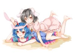 Rule 34 | 2girls, animal ears, bad id, bad pixiv id, barefoot, black hair, blue dress, blue hair, blush, carrot, colorized, dress, full body, inaba tewi, jewelry, looking at viewer, lying, lying on person, multiple girls, necklace, on stomach, ookamisama, open mouth, pink dress, puffy sleeves, rabbit ears, rabbit tail, red eyes, seiran (touhou), short hair, short sleeves, simple background, sketch, smile, tail, touhou, white background
