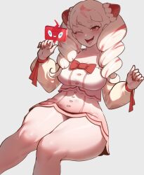 Rule 34 | 1girl, alcremie, alcremie (strawberry sweet), blush, borrowed character, bow, breasts, buttons, creatures (company), drill hair, food, fruit, game freak, gen 4 pokemon, gen 8 pokemon, gift art, highres, large breasts, long hair, lotte (rhymewithray), nintendo, nyantcha, open mouth, personification, pink eyes, pokemon, pokemon (creature), rotom, rotom phone, sitting, skirt, smile, solo, strawberry, thick thighs, thighs, twintails, wide hips