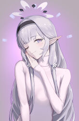 Rule 34 | 1girl, absurdres, blue archive, blush, closed mouth, commentary request, ear piercing, elf, flower, grey hair, hair flower, hair intakes, hair ornament, hairband, halo, hand on own face, head tilt, highres, himari (blue archive), long hair, long sleeves, mole, mole under eye, one eye closed, piercing, pointy ears, purple background, purple eyes, sidelocks, simple background, sjuno, sleeves past wrists, smile, solo, sweater, turning head, turtleneck, turtleneck sweater, upper body, very long hair, white sweater