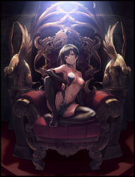 Rule 34 | 1girl, absurdres, bare shoulders, black footwear, black hair, boots, border, breasts, chair, cleavage, earrings, elbow gloves, fisheye, gloves, grin, head tilt, highres, indoors, jewelry, long hair, looking at viewer, navel, necklace, no bra, no panties, original, oz (gerbera7), partially fingerless gloves, pelvic curtain, red eyes, revealing clothes, sitting, smile, solo, thigh boots, thighhighs