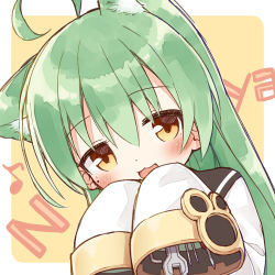 Rule 34 | 1girl, :3, :d, ahoge, akashi (azur lane), animal ear fluff, animal ears, ayanepuna, azur lane, black sailor collar, blush, brown eyes, cat ears, dress, eighth note, green hair, hair between eyes, long hair, long sleeves, looking at viewer, mole, mole under eye, musical note, open mouth, romaji text, sailor collar, sailor dress, screwdriver, sleeves past fingers, sleeves past wrists, smile, solo, white dress, wrench