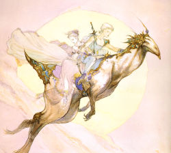 Rule 34 | 1990s (style), 1boy, 1girl, absurdres, amano yoshitaka, bartz klauser, cape, final fantasy, final fantasy v, highres, lenna charlotte tycoon, monster, multiple riders, official art, retro artstyle, riding, sword, weapon