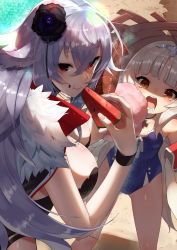 Rule 34 | 2girls, :t, azur lane, bare arms, bare shoulders, black flower, blue one-piece swimsuit, breasts, brown eyes, brown hat, cotton candy, drooling, eating, feet out of frame, flower, food, fruit, fur trim, gluteal fold, graf zeppelin (azur lane), graf zeppelin (beachside urd) (azur lane), hair between eyes, hair flower, hair ornament, hand up, hat, highres, holding, holding food, holding fruit, ikayaki, jewelry, large breasts, lens flare, light particles, long hair, looking at another, looking at viewer, looking back, multiple girls, necklace, one-piece swimsuit, open mouth, red eyes, ribbon, sand, scottie (phantom2), shadow, shiny skin, silver hair, small breasts, smile, standing, sun hat, swimsuit, thighs, upper body, water, watermelon, watermelon seeds, white ribbon, wristband, z46 (azur lane), z46 (her first summer) (azur lane)