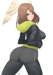Rule 34 | 1girl, absurdres, artist name, ass, blue eyes, breasts, brown hair, eunie (xenoblade), hands in pockets, head wings, highres, hood, hoodie, huge ass, large breasts, long hair, looking at viewer, looking back, pants, pantylines, smile, solo, thighs, tight clothes, tight pants, white background, wings, xenoblade chronicles (series), xenoblade chronicles 3, zelc-face