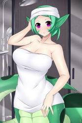 Rule 34 | 1girl, arm up, bare arms, bathroom, blush, breasts, cleavage, collarbone, commentary, commission, english commentary, green hair, indoors, lamia, large breasts, lindaroze, looking at viewer, monster girl, naked towel, original, parted lips, pointy ears, purple eyes, scales, short hair, sidelocks, solo, tail, towel, towel on head, watermark, web address, wet