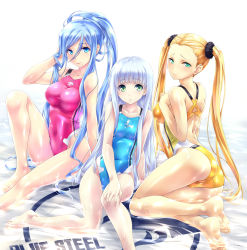 Rule 34 | 10s, 3girls, aoki hagane no arpeggio, aqua one-piece swimsuit, arm support, ass, back, bare shoulders, barefoot, blonde hair, blue eyes, blue hair, blue one-piece swimsuit, blush, breast suppress, breasts, collarbone, competition swimsuit, covered navel, embarrassed, english text, facial mark, feet, female focus, fingernails, floor, foreshortening, green eyes, groin, hair between eyes, tucking hair, hand on own knee, haruna (aoki hagane no arpeggio), highres, hip focus, iona (aoki hagane no arpeggio), knee up, knees, large breasts, legs, lips, long hair, looking at viewer, looking back, mole, mole under mouth, multiple girls, nagayori, on floor, one-piece swimsuit, parted lips, partially submerged, pink one-piece swimsuit, ponytail, shiny clothes, shiny skin, silver hair, simple background, sitting, smile, soles, swept bangs, swimsuit, takao (aoki hagane no arpeggio), text focus, thighs, tiles, toes, twintails, very long hair, water, wet, white background, yellow one-piece swimsuit
