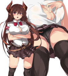 Rule 34 | 10s, 1girl, alternate costume, armband, ass, belt, belt skirt, black hair, black panties, black skirt, black thighhighs, blush, bow, bowtie, breast hold, breasts, buttons, center opening, cleavage, close-up, collared shirt, crossed arms, draph, dress shirt, eyebrows, forte (shingeki no bahamut), granblue fantasy, hair between eyes, horns, large breasts, long hair, miniskirt, mtu virus, multiple views, open mouth, panties, pink eyes, pleated skirt, pointy ears, red bow, sato (samanosuke 0710), shingeki no bahamut, shirt, simple background, skirt, standing, thighhighs, unbuttoned, underwear, upskirt, white background, white shirt
