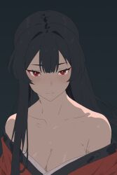 Rule 34 | 1girl, absurdres, bare shoulders, black background, black hair, blush, breasts, cleavage, closed mouth, collarbone, commentary request, highres, japanese clothes, kimono, long hair, medium breasts, original, red eyes, scalari126, shiny skin, simple background, solo, upper body
