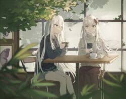 Rule 34 | 2girls, animal print, bang dream!, blue eyes, blue jacket, brown skirt, butterfly hair ornament, butterfly print, cellphone, chair, commission, crossover, cup, earphones, elbow on table, falling leaves, grey shorts, grey sweater, hair ornament, highres, holding, holding phone, jacket, kafuuchino (chouti), leaf, long hair, long skirt, minato yukina, multiple girls, parted lips, phone, picture frame, plant, project sekai, saucer, shorts, sitting, skirt, smartphone, sweater, swept bangs, table, teacup, turtleneck, turtleneck sweater, very long hair, white hair, window, yellow eyes, yoisaki kanade