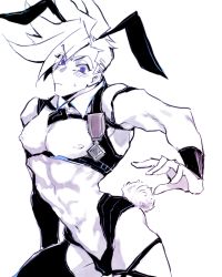 Rule 34 | 1boy, animal ears, asymmetrical hair, bare pectorals, breastless clothes, bunny day, crop top, fake animal ears, fake tail, galo thymos, igote, looking down, male focus, male playboy bunny, navel, pectorals, promare, rabbit ears, rabbit tail, sidecut, simple background, solo, spiked hair, tail, toned, toned male, undercut, white background