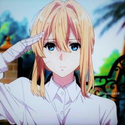 Rule 34 | 1girl, bad id, bad pixiv id, bandaged hand, blonde hair, blue eyes, blurry, blurry background, closed mouth, collared shirt, dress shirt, hair between eyes, hair intakes, looking at viewer, mashiro (pixiv68940222), salute, screencap, shirt, short hair with long locks, sidelocks, solo, third-party edit, upper body, violet evergarden, violet evergarden (series), white shirt, wing collar