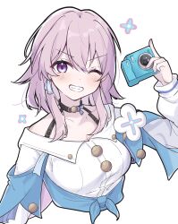Rule 34 | 1girl, black choker, blue eyes, blue jacket, blush, bra strap, breasts, buttons, camera, choker, commentary request, cropped torso, dot nose, dotno hamutarou, dress shirt, earrings, flower ornament, grin, hair between eyes, hair intakes, hand up, highres, holding, holding camera, honkai: star rail, honkai (series), jacket, jewelry, kitsune moriao, long sleeves, looking at viewer, march 7th (honkai: star rail), medium breasts, medium hair, one eye closed, open clothes, open jacket, pink eyes, pink hair, shirt, simple background, single earring, smile, solo, teeth, tied jacket, two-tone eyes, underbust, upper body, white background, white shirt