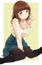 Rule 34 | 1girl, between legs, black pantyhose, blush, boots, brown eyes, brown hair, collarbone, grin, hand between legs, heart, kakuma ai, long hair, looking at viewer, pantyhose, polka dot, polka dot background, real life, sitting, smile, solo, translation request, v, voice actor, wariza, zpolice
