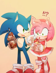 Rule 34 | !?, 1boy, 1girl, amy rose, animal ears, bad id, bad pixiv id, boots, dress, drinking straw, embarrassed, furry, gloves, green eyes, hairband, hedgehog ears, highres, holding, milkshake, msg01, open mouth, red dress, red footwear, red hairband, shoes, smile, sneakers, sonic (series), sonic the hedgehog, standing, white gloves, wide-eyed