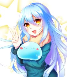 Rule 34 | 10s, 1other, blue hair, hatsuno uin, highres, looking at viewer, open mouth, rimuru tempest, slime (creature), solo, star (symbol), starry background, tensei shitara slime datta ken, v, yellow eyes