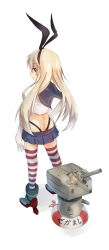 Rule 34 | 10s, 1girl, absurdres, ass, black panties, blonde hair, butt crack, crop top, crop top overhang, elbow gloves, from behind, gloves, hairband, hand on own hip, highleg, highleg panties, highres, kantai collection, lifebuoy, looking back, metindone, microskirt, midriff, panties, rensouhou-chan, school uniform, serafuku, shimakaze (kancolle), simple background, skirt, solo, standing, striped clothes, striped thighhighs, swim ring, thighhighs, underwear, white background, white gloves, zettai ryouiki