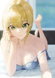 Rule 34 | 1girl, :3, arm support, asymmetrical hair, bare shoulders, blonde hair, blurry, blurry background, breasts, camisole, cleavage, commentary, day, depth of field, feet up, foreshortening, green eyes, hand on own cheek, hand on own face, head rest, highres, idolmaster, idolmaster cinderella girls, indoors, large breasts, looking at viewer, lying, mismatched eyebrows, miyamoto frederica, modare, off shoulder, on bed, on stomach, short hair, solo, the pose