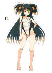 Rule 34 | 1girl, barefoot, black hair, blush, breasts, brown eyes, closed mouth, color guide, commentary request, contrapposto, covered navel, full body, gradient hair, hand on own hip, highleg, highleg swimsuit, long hair, looking at viewer, monster hunter (series), multicolored hair, ohta yuichi, personification, plesioth, simple background, small breasts, solo, standing, swimsuit, two side up, very long hair, white background