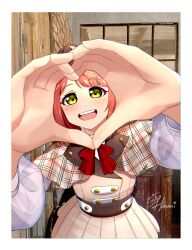 Rule 34 | 1girl, absurdres, belt, brown belt, brown jacket, brown skirt, green eyes, heart, heart hands, highres, jacket, long sleeves, looking at viewer, love live!, love live! nijigasaki high school idol club, oonishi aguri, open mouth, photo-referenced, photo background, pink hair, plaid capelet, pleated skirt, red ribbon, ribbon, shirt, signature, ska.harumi, skirt, solo, swept bangs, teeth, uehara ayumu, upper body, upper teeth only, voice actor connection, walking dream, white shirt