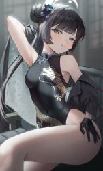 Rule 34 | 1girl, arm up, bare legs, black dress, black gloves, black hair, blue archive, blurry, blurry background, blush, breasts, butterfly hair ornament, china dress, chinese clothes, coat, covered navel, double bun, dragon print, dress, feet out of frame, gloves, hair bun, hair ornament, halo, highres, kisaki (blue archive), looking at viewer, meraring, sitting, sleeveless, sleeveless dress, small breasts, solo, striped, striped coat, sweatdrop, thighs, twintails, vertical-striped coat