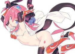 Rule 34 | 1girl, armor, armored boots, arms up, bikini, bikini armor, bikini day, black thighhighs, blade (galaxist), blue eyes, blue ribbon, blush, boots, cape, dragon tail, elizabeth bathory (brave) (fate), elizabeth bathory (fate), fate/grand order, fate (series), flat chest, hair ribbon, knee boots, long hair, looking at viewer, navel, open mouth, pauldrons, pink hair, red bikini, red footwear, ribbon, shoulder armor, simple background, solo, string bikini, swimsuit, tail, thighhighs, two side up, vambraces, wardrobe malfunction, white background, white cape